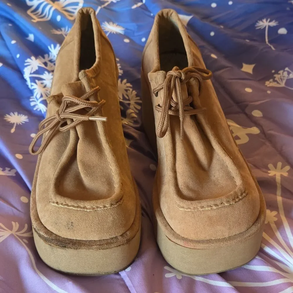 Vintage Y2K Funky Chunk Women's Beige Platform Moccasin Lace-Up Size 8 90s 00s